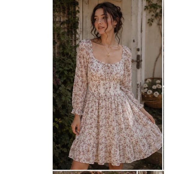 Celebrity Pink Dresses & Skirts - Dainty Floral Milkmaid Lace Corset Dress L Sheer Sleeves Cottagecore Fairycore